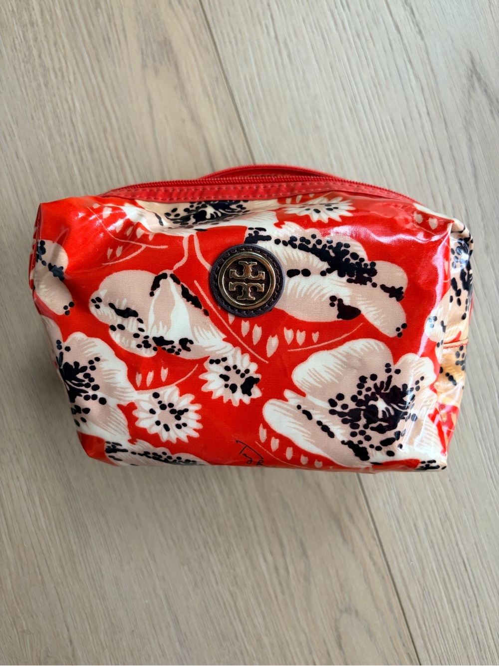 Tory Burch Coral Red Floral Zip Cosmetic Case
